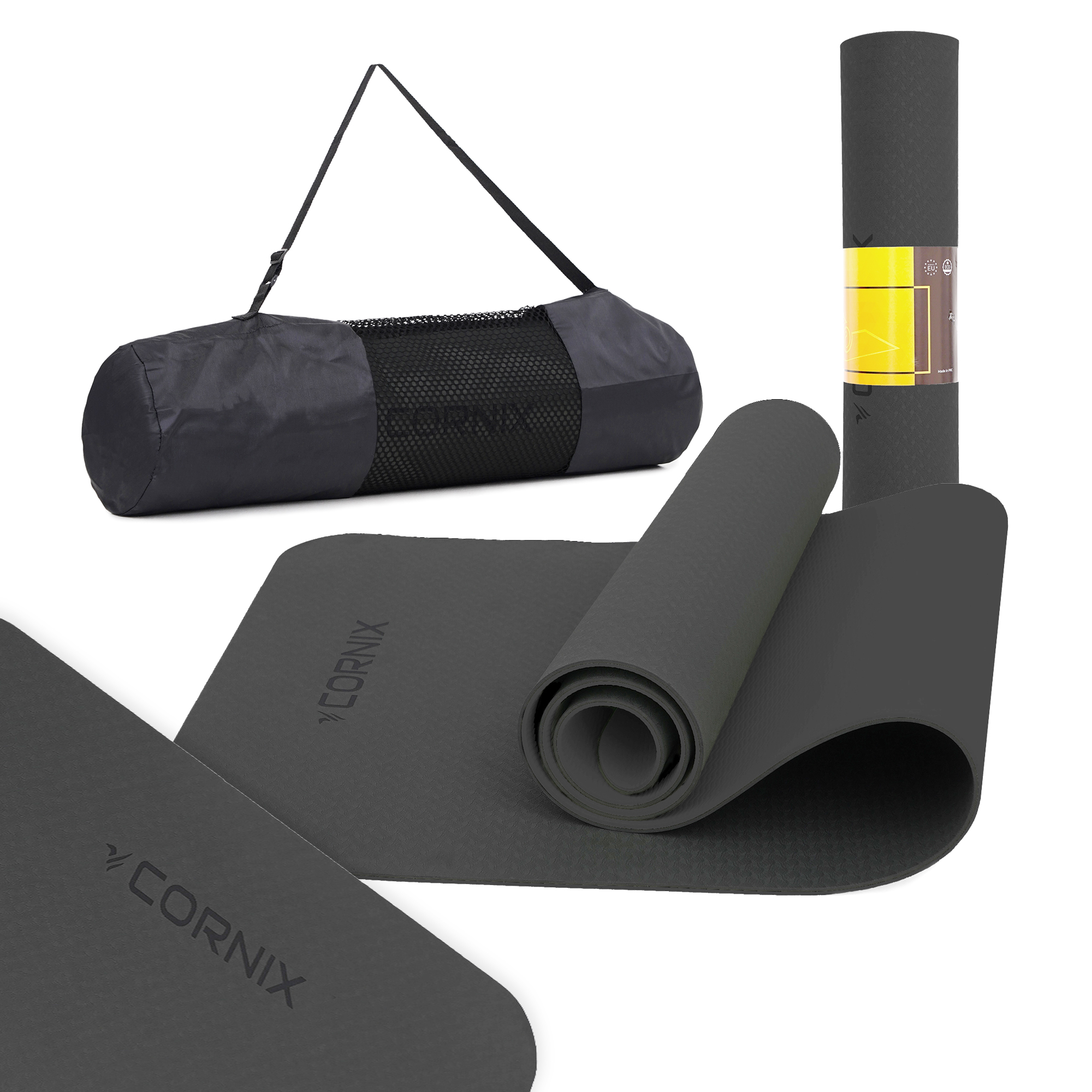 Килимок спортивний Cornix TPE 183 x 61 x 0.6 см для йоги та фітнесу XR-0350 Black